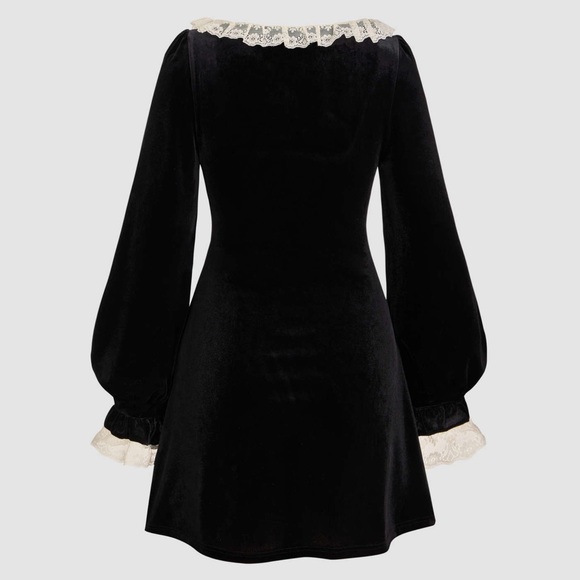 Velvet Scoop Neck Lace Bowknot Mini Dress - Picture 4 of 4